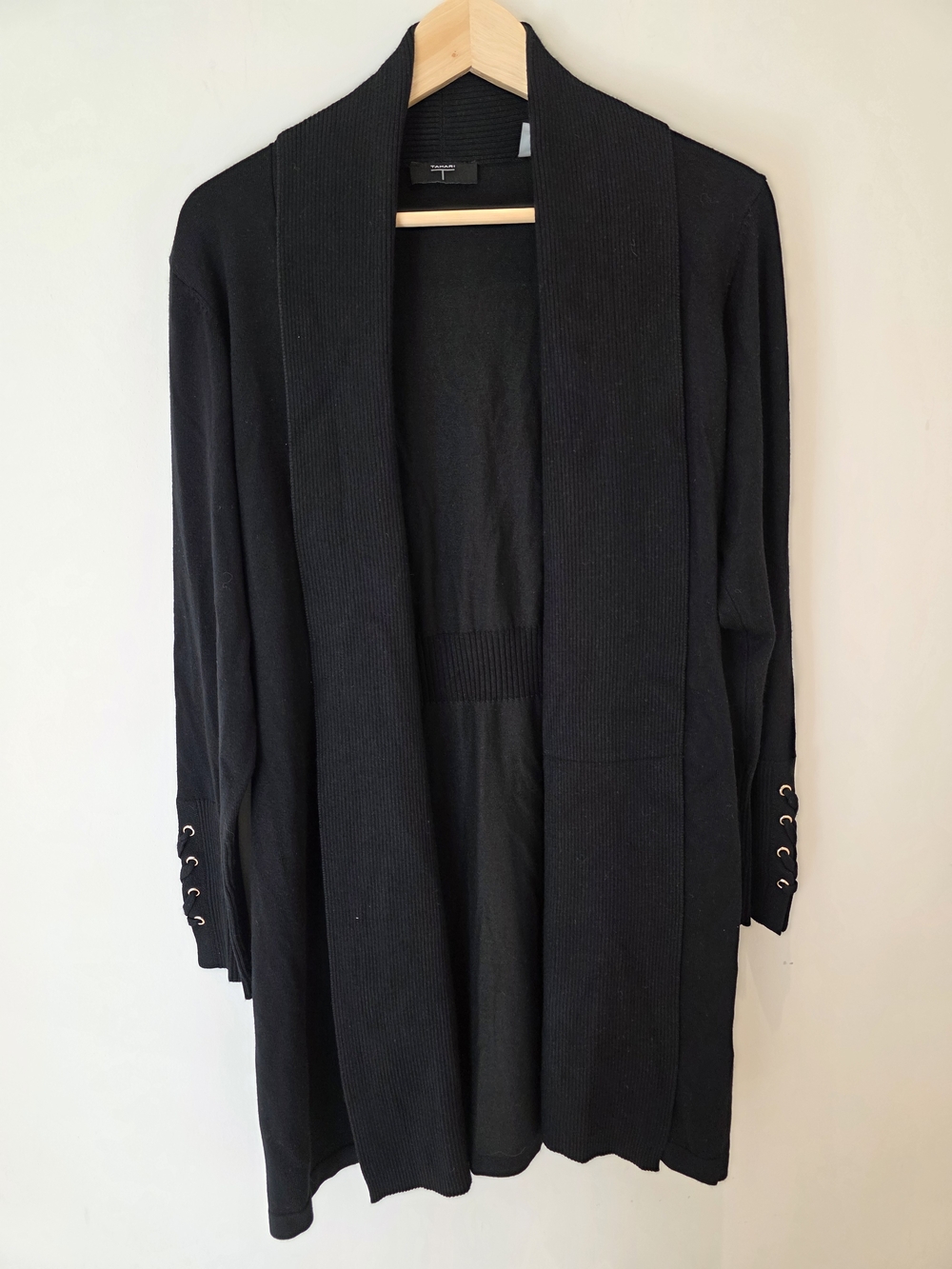 Tahari Black Open Front Cardigan with Grommet Sleeve Detail